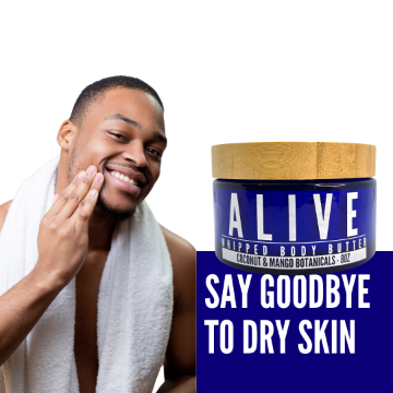 Male applying Valentine's Alive triple whipped mango coconut body butter for smooth skin.