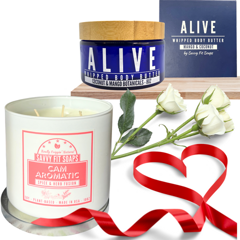 Valentine's Alive body butter & candle gift: Triple whipped mango coconut and 18oz triple wick.